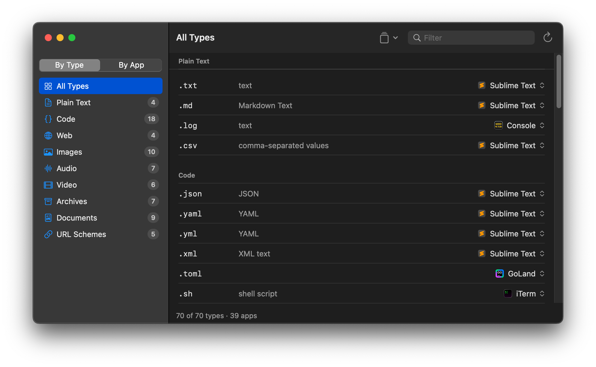 macOSDefaultApps: types grouped by family, one handler dropdown per row